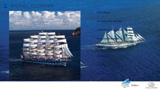 • 114 Cabines
• 14 suítes com Varanda
• 3 Piscinas (2 pequenas 1 media)
• Átrio com 3 andares
• Spa & Academia
• Biblioteca
• 3 Bares
• 106 Tripulantes
ROYAL CLIPPER
 