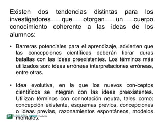 Idea evolutiva, en la que los nuevos con­ceptos científicos se integran con las ideas preexistentes. Utilizan términos con connotación neutra, tales como: concepción existente, esquemas previos, concepciones o ideas previas, razonamientos espontáneos, modelos mentales. Otros autores recalcan aún más la importancia de estas ideas en la estructura cognitiva del alumno, utilizando términos como: esquemas alternativos, ideas alternativas, concepciones alternativas, ciencia de los niños, entre otros. Indicando un cuerpo de conocimientos que puede ser diferente al de la ciencia oficial pero que tiene su propia lógica; de hecho algunas de esas ideas eran similares a las que tenían las ciencias en épocas anteriores.