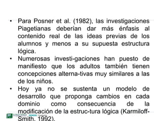 Las ideas previas y el aprendizaje significativo de Ausubel.Piaget y las concepciones previas.De acuerdo con Piaget e Inhlelder, las ideas intuitivas alternativas existen en los prime­ros estadios del desarrollo (estadios preoperacional e inicio del concreto). Este cuadro caracteriza el pensamiento de los niños más pequeños y desaparece cuando el pensamiento lógico comienza a surgir. Esta etapa es denominada por Inhelder y Piaget estadios de las operaciones formales, que coincide con el desarrollo intelectual de los adolescentes; se empieza a adquirir a los 11-12 años de edad y se consolida hacia los 14-15 años, aproximadamente.