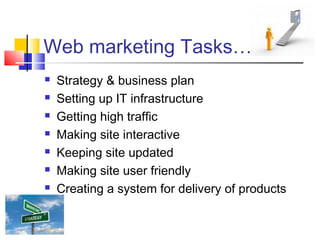 Web marketing Tasks…
 Strategy & business plan
 Setting up IT infrastructure
 Getting high traffic
 Making site interactive
 Keeping site updated
 Making site user friendly
 Creating a system for delivery of products
 