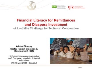 Page 1
Financial Literacy for Remittances
and Diaspora Investment
-A Last Mile Challenge for Technical Cooperation
Adrian Dincsoy
Sector Project Migration &
Development (GIZ)
High-level conference on global
and European trends in financial
education
22-23 May 2014 - Istanbul
 