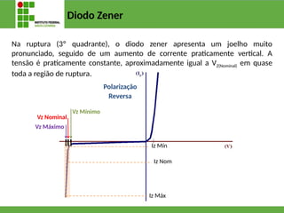Diodo Zener
Na ruptura (3º quadrante), o diodo zener apresenta um joelho muito
pronunciado, seguido de um aumento de corrente praticamente vertical. A
tensão é praticamente constante, aproximadamente igual a VZ(Nominal) em quase
toda a região de ruptura.
Polarização
Reversa
Vz Máximo
Vz Nominal
Vz Mínimo
Iz Máx
Iz Mín
Iz Nom
 