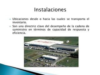  Ubicaciones desde o hacia las cuales se transporta el
inventario.
 Son una directriz clave del desempeño de la cadena de
suministro en términos de capacidad de respuesta y
eficiencia.
 