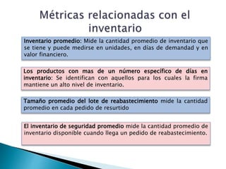 Inventario promedio: Mide la cantidad promedio de inventario que
se tiene y puede medirse en unidades, en días de demandad y en
valor financiero.
Los productos con mas de un número específico de días en
inventario: Se identifican con aquellos para los cuales la firma
mantiene un alto nivel de inventario.
Tamaño promedio del lote de reabastecimiento mide la cantidad
promedio en cada pedido de resurtido
El inventario de seguridad promedio mide la cantidad promedio de
inventario disponible cuando llega un pedido de reabastecimiento.
 