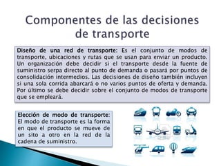 Diseño de una red de transporte: Es el conjunto de modos de
transporte, ubicaciones y rutas que se usan para enviar un producto.
Un organización debe decidir si el transporte desde la fuente de
suministro serpa directo al punto de demanda o pasará por puntos de
consolidación intermedios. Las decisiones de diseño también incluyen
si una sola corrida abarcará o no varios puntos de oferta y demanda.
Por último se debe decidir sobre el conjunto de modos de transporte
que se empleará.
Elección de modo de transporte:
El modo de transporte es la forma
en que el producto se mueve de
un sito a otro en la red de la
cadena de suministro.
 