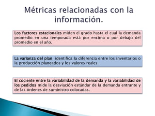 Los factores estacionales miden el grado hasta el cual la demanda
promedio en una temporada está por encima o por debajo del
promedio en el año.
La varianza del plan identifica la diferencia entre los inventarios o
la producción planeados y los valores reales.
El cociente entre la variabilidad de la demanda y la variabilidad de
los pedidos mide la desviación estándar de la demanda entrante y
de las órdenes de suministro colocadas.
 