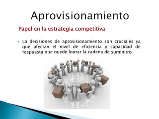  La decisiones de aprovisionamiento son cruciales ya
que afectan el nivel de eficiencia y capacidad de
respuesta que puede lograr la cadena de suminitro
Papel en la estrategia competitiva
 