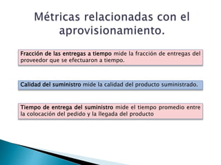 Fracción de las entregas a tiempo mide la fracción de entregas del
proveedor que se efectuaron a tiempo.
Calidad del suministro mide la calidad del producto suministrado.
Tiempo de entrega del suministro mide el tiempo promedio entre
la colocación del pedido y la llegada del producto
 