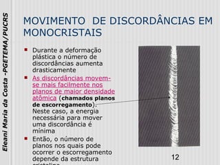 12
EleaniMariadaCosta-PGETEMA/PUCRS
MOVIMENTO DE DISCORDÂNCIAS EM
MONOCRISTAIS
 Durante a deformação
plástica o número de
discordâncias aumenta
drasticamente
 As discordâncias movem-
se mais facilmente nos
planos de maior densidade
atômica (chamados planos
de escorregamento).
Neste caso, a energia
necessária para mover
uma discordância é
mínima
 Então, o número de
planos nos quais pode
ocorrer o escorregamento
depende da estrutura
 