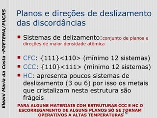 14
EleaniMariadaCosta-PGETEMA/PUCRS
Planos e direções de deslizamento
das discordâncias
 Sistemas de delizamento:conjunto de planos e
direções de maior densidade atômica
 CFC: {111}<110> (mínimo 12 sistemas)
 CCC: {110}<111> (mínimo 12 sistemas)
 HC: apresenta poucos sistemas de
deslizamento (3 ou 6) por isso os metais
que cristalizam nesta estrutura são
frágeis
PARA ALGUNS MATERIAIS COM ESTRUTURAS CCC E HC O
ESCORREGAMENTO DE ALGUNS PLANOS SÓ SE TORNAM
OPERATIVOS A ALTAS TEMPERATURAS
 