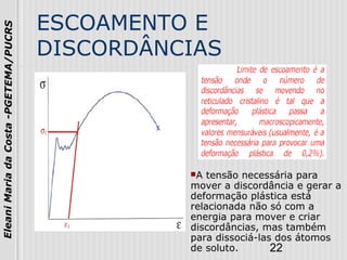 22
EleaniMariadaCosta-PGETEMA/PUCRS
ESCOAMENTO E
DISCORDÂNCIAS
A tensão necessária para
mover a discordância e gerar a
deformação plástica está
relacionada não só com a
energia para mover e criar
discordâncias, mas também
para dissociá-las dos átomos
de soluto.
 