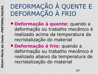 41
EleaniMariadaCosta-PGETEMA/PUCRS
DEFORMAÇÃO À QUENTE E
DEFORMAÇÃO À FRIO
 Deformação à quente: quando a
deformação ou trabalho mecânico é
realizado acima da temperatura de
recristalização do material
 Deformação à frio: quando a
deformação ou trabalho mecânico é
realizado abaixo da temperatura de
recristalização do material
 