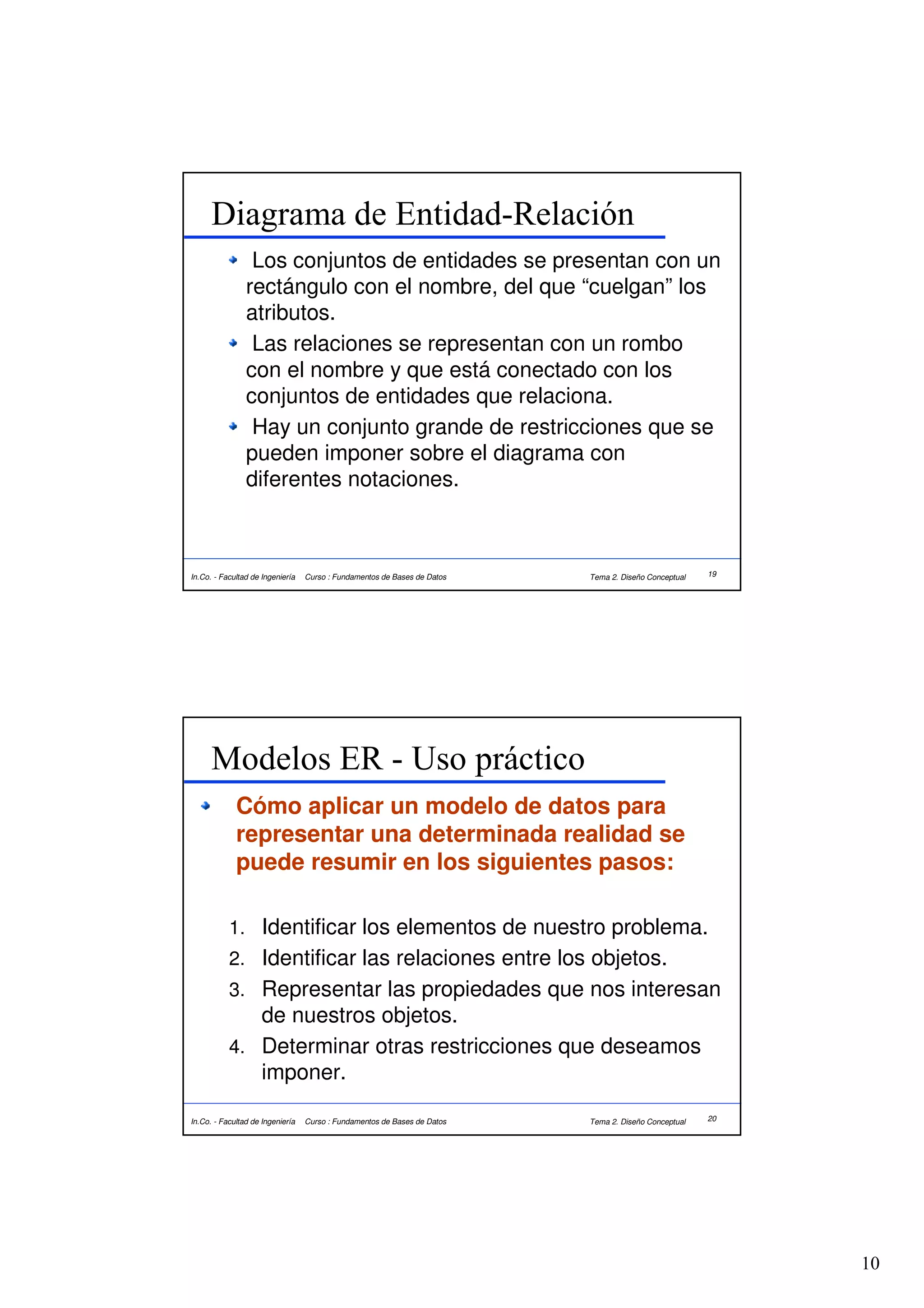Diagrama de Entidad-Relación
                 Los conjuntos de entidades se presentan con un
                rectángulo con el nombre, del que “cuelgan” los
                atributos.
                 Las relaciones se representan con un rombo
                con el nombre y que está conectado con los
                conjuntos de entidades que relaciona.
                 Hay un conjunto grande de restricciones que se
                pueden imponer sobre el diagrama con
                diferentes notaciones.



In.Co. - Facultad de Ingeniería   Curso : Fundamentos de Bases de Datos   Tema 2. Diseño Conceptual   19




      Modelos ER - Uso práctico
             Cómo aplicar un modelo de datos para
             representar una determinada realidad se
             puede resumir en los siguientes pasos:

           1. Identificar los elementos de nuestro problema.
           2. Identificar las relaciones entre los objetos.
           3. Representar las propiedades que nos interesan
              de nuestros objetos.
           4. Determinar otras restricciones que deseamos
              imponer.

In.Co. - Facultad de Ingeniería   Curso : Fundamentos de Bases de Datos   Tema 2. Diseño Conceptual   20




                                                                                                           10
 