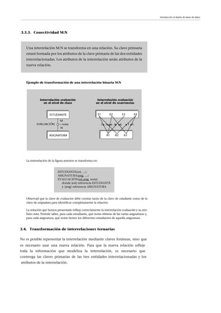 3.3.3. Conectividad M:N
Ejemplo de transformación de una interrelación binaria M:N
La interrelación de la figura anterior se transforma en:
Observad que la clave de evaluacion debe constar tanto de la clave de estudiante como de la
clave de asignatura para identificar completamente la relación.
La solución que hemos presentado refleja correctamente la interrelación evaluación y su atri-
buto nota. Permite saber, para cada estudiante, qué notas obtiene de las varias asignaturas y,
para cada asignatura, qué notas tienen los diferentes estudiantes de aquella asignatura.
Una interrelación M:N se transforma en una relación. Su clave primaria
estará formada por los atributos de la clave primaria de las dos entidades
interrelacionadas. Los atributos de la interrelación serán atributos de la
nueva relación.
ESTUDIANTE(est, ...)
ASIGNATURA(asig, ...)
EVALUACIÓN(est,asig, nota)
donde {est} referencia ESTUDIANTE
y {asig} referencia ASIGNATURA
Introducción al diseño de bases de datos
3.4. Transformación de interrelaciones ternarias
No es posible representar la interrelación mediante claves foráneas, sino que
es necesario usar una nueva relación. Para que la nueva relación refleje
toda la información que modeliza la interrelación, es necesario que
contenga las claves primarias de las tres entidades interrelacionadas y los
atributos de la interrelación.
 