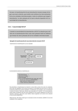 Introducción al diseño de bases de datos
Así pues, la transformación de una interrelación ternaria siempre da lu-
gar a una nueva relación, que tendrá como atributos las claves primarias
de las tres entidades interrelacionadas y todos los atributos que tenga la
interrelación. La clave primaria de la nueva relación depende de la co-
nectividad de la interrelación.
3.4.1. Conectividad M:N:P
Ejemplo de transformación de una interrelación ternaria M:N:P
Analizaremos la transformación con un ejemplo:
Cuando la conectividad de la interrelación es M:N:P, la relación que se ob-
tiene de su transformación tiene como clave primaria todos los atributos
que forman las claves primarias de las tres entidades interrelacionadas.
La interrelación anterior se transforma en:
Para identificar completamente la relación, la clave debe constar de la clave de estudiante,
de la clave de asignatura y de la clave de semestre. Si nos faltase una de las tres, la clave de
la relación podría tener valores repetidos. Consideremos, por ejemplo, que no tuviésemos
la clave de semestre. Dado que semestre está conectada con “muchos” en la interrelación,
puede haber estudiantes que han sido evaluados de una misma asignatura en más de un
semestre. Entonces, para estos casos habría valores repetidos en la clave de la relación
EVALUACION-SEMESTRAL.
Observad que, del mismo modo que es necesaria la clave de semestre, también lo son la de
estudiante y la de asignatura.
ESTUDIANTE(est, ...)
ASIGNATURA(asig, ...)
SEMESTRE(sem, ...)
EVALUACIÓN-SEMESTRAL(est, asig, sem, nota)
donde {est} referencia ESTUDIANTE,
{asig} referencia ASIGNATURA
y {sem} referencia SEMESTRE
 