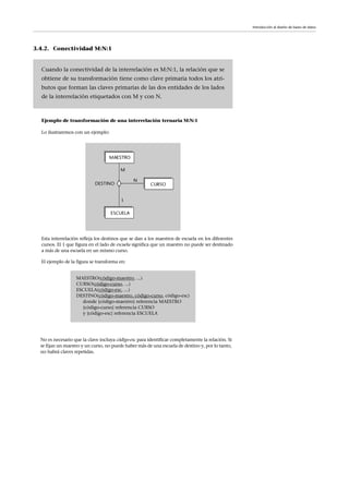 3.4.2. Conectividad M:N:1
Ejemplo de transformación de una interrelación ternaria M:N:1
Lo ilustraremos con un ejemplo:
Esta interrelación refleja los destinos que se dan a los maestros de escuela en los diferentes
cursos. El 1 que figura en el lado de escuela significa que un maestro no puede ser destinado
a más de una escuela en un mismo curso.
El ejemplo de la figura se transforma en:
Cuando la conectividad de la interrelación es M:N:1, la relación que se
obtiene de su transformación tiene como clave primaria todos los atri-
butos que forman las claves primarias de las dos entidades de los lados
de la interrelación etiquetados con M y con N.
MAESTRO(código-maestro, ...)
CURSO(código-curso, ...)
ESCUELA(código-esc, ...)
DESTINO(código-maestro, código-curso, código-esc)
donde {código-maestro} referencia MAESTRO
{código-curso} referencia CURSO
y {código-esc} referencia ESCUELA
Introducción al diseño de bases de datos
No es necesario que la clave incluya código-esc para identificar completamente la relación. Si
se fijan un maestro y un curso, no puede haber más de una escuela de destino y, por lo tanto,
no habrá claves repetidas.
 
