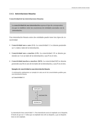 2.1.3. Interrelaciones binarias
Conectividad de las interrelaciones binarias
Una interrelación binaria entre dos entidades puede tener tres tipos de co-
nectividad:
• Conectividad uno a uno (1:1). La conectividad 1:1 se denota poniendo
un 1 a lado y lado de la interrelación.
• Conectividad uno a muchos (1:N). La conectividad 1:N se denota po-
niendo un 1 en un lado de la interrelación y una N en el otro.
• Conectividad muchos a muchos: (M:N). La conectividad M:N se denota
poniendo una M en uno de los lados de la interrelación, y una N en el otro.
Ejemplos de conectividad en una interrelación binaria
A continuación analizaremos un ejemplo de cada una de las conectividades posibles para
una interrelación binaria:
a) Conectividad 1:1
Introducción al diseño de bases de datos
La conectividad de una interrelación expresa el tipo de corresponden-
cia que se establece entre las ocurrencias de entidades asociadas con la
interrelación.
1
1
La interrelación tiene conectividad 1:1. Esta interrelación asocia al empleado con el despacho.
El hecho de que sea 1:1 indica que un empleado tiene sólo un despacho, y que un despacho
tiene un solo empleado.
 