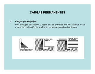 CARGAS PERMANENTES

2.   Cargas por empujes:
     Los empujes de suelos o agua en las paredes de los sótanos o los
     muros de contención de suelos en zonas de grandes desniveles.
 