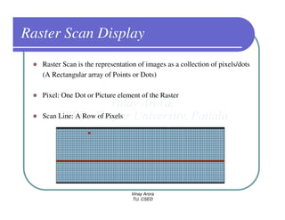 Raster Scan Display
   Raster Scan is the representation of images as a collection of pixels/dots
   (A Rectangular array of Points or Dots)

   Pixel: One Dot or Picture element of the Raster

   Scan Line: A Row of Pixels




                                  Vinay Arora
                                  TU, CSED
 
