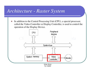 Architecture - Raster System
   In addition to the Central Processing Unit (CPU), a special processor,
   called the Video Controller or Display Controller, is used to control the
   operation of the Display Device.




                                  Vinay Arora
                                  TU, CSED
 
