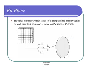 Bit Plane
   The block of memory which stores (or is mapped with) intensity values
   for each pixel (B& W image) is called a Bit Plane or Bitmap.




                                Vinay Arora
                                TU, CSED
 