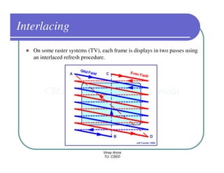 Interlacing
   On some raster systems (TV), each frame is displays in two passes using
   an interlaced refresh procedure.




                                 Vinay Arora
                                 TU, CSED
 