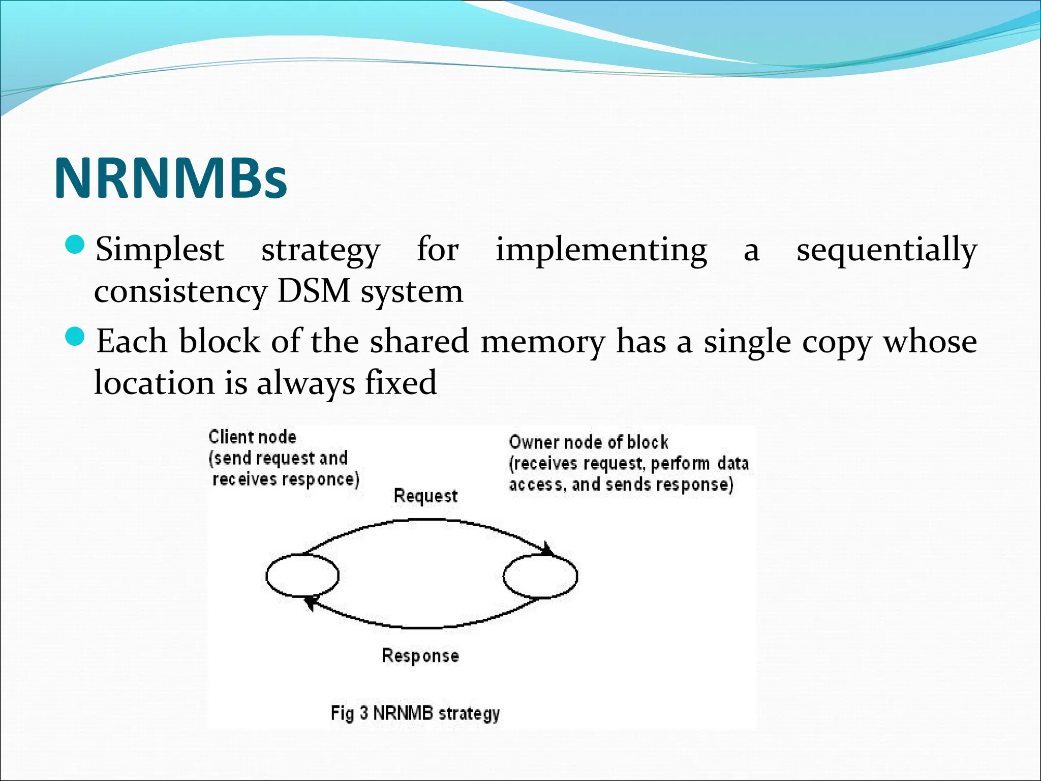 NRNMBs
Simplest strategy for implementing a sequentially
consistency DSM system
Each block of the shared memory has a single copy whose
location is always fixed
 
