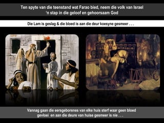 Die Lam is geslag & die bloed is aan die deur koesyne gesmeer . . .  Vannag gaan die eersgeborenes van elke huis sterf waar geen bloed  gevloei  en aan die deure van huise gesmeer is nie . . .  Ten spyte van die teenstand wat Farao bied, neem die volk van Israel ‘ n stap in die geloof en gehoorsaam God 