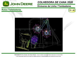 COLHEDORA DE CANA 3520 
Divisores de Linha / Tombadores 
TREINAMENTO Pó s-Vendas John Deere Brasil – Todos os direitos reservados. Material elaborado em Outubro/2008. 
A John Deere Brasil reserva-se ao direito de modificar atributos ou características de seus produtos sem prévio aviso. 
13 - 24 
Rolos Tombadores 
 