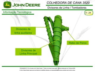 COLHEDORA DE CANA 3520
                                                                       Divisores de Linha / Tombadores
Informação Tecnológica                                                                                                                4 - 24




          Divisores de
        linha auxiliares


                                                                                                                     Rabo de Porco

             Divisores de
            Linha Principal




            TREINAMENTO Pó s-Vendas John Deere Brasil – Todos os direitos reservados. Material elaborado em Outubro/2008.
            A John Deere Brasil reserva-se ao direito de modificar atributos ou características de seus produtos sem pré vio aviso.
 