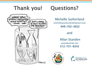 Michelle Sutherland
michelleasutherland@gmail.com
949-702-3622
and
Allan Standen
astanden@att.net
512-731-6242
 