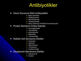 Antibiyotikler Hücre Duvarına Etkili Antibiyotikler Beta-Laktamlar Sefalosporinler Monobactamlar Carbopenemler Beta Laktamaz İnhibitörlü Kombinasyonlar Protein Sentezini İnhibe Edenler Aminoglikozidler Tetrasiklinler Kloramfenikol Makrolitler Linkosamidler Nükleik Asit Sentezine Etkililer Kinolonlar Rifampin Metronidazol Trimetoprim Suulfonamidler Sitoplazmik Membrana Etkililer Polimiksin B Colistin 