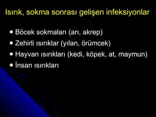 Isırık, sokma sonrası gelişen infeksiyonlar Böcek sokmaları (arı, akrep) Zehirli ısırıklar (yılan, örümcek)  Hayvan ısırıkları (kedi, köpek, at,   maymun) İnsan ısırıkları 