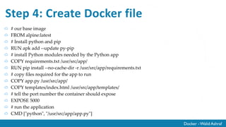 Docker - Walid Ashraf
Step 3: Create templates/index.html
<html>
<head>
<style type="text/css">
body {
background: black; color: white;
}
div.container { max-width: 500px; margin: 100px auto; border: 20px solid white; padding: 10px; text-align: center; }
h4 {
text-transform: uppercase;
}
</style>
</head>
<body>
<div class="container">
<h4>Cat Gif of the day</h4>
<img src="{{url}}" />
<p>
<small>Courtesy: <a href="http://www.buzzfeed.com/copyranter/the-best-cat-gif-post-in-the-history-of-cat-gifs">Buzzfeed</a></small></p>
</div>
</body>
</html>
 