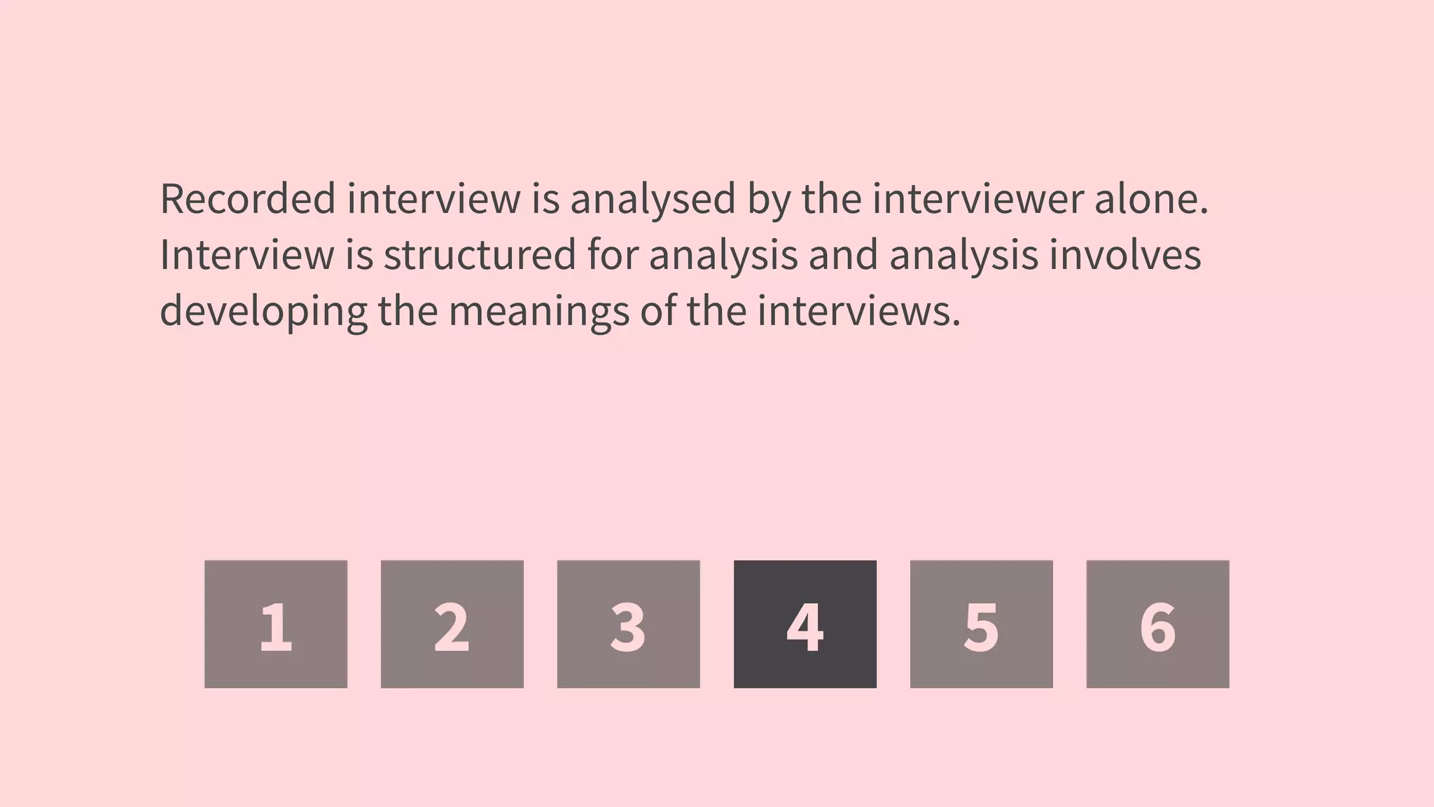 1 2 3 4 5 6
Recorded interview is analysed by the interviewer alone.
Interview is structured for analysis and analysis involves
developing the meanings of the interviews.
 