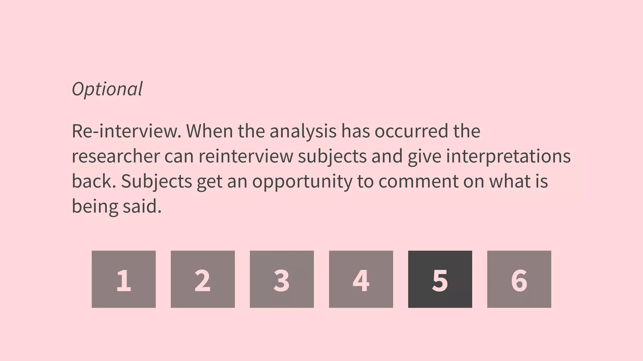 1 2 3 4 5 6
Optional
Re-interview. When the analysis has occurred the
researcher can reinterview subjects and give interpretations
back. Subjects get an opportunity to comment on what is
being said.
 