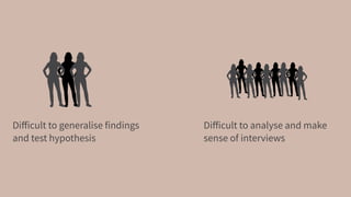 Diﬀicult to generalise findings
and test hypothesis
Diﬀicult to analyse and make
sense of interviews
 