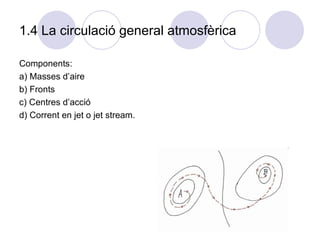 1.4 La circulació general atmosfèrica Components:  a) Masses d’aire b) Fronts c) Centres d’acció d) Corrent en jet o jet stream. 