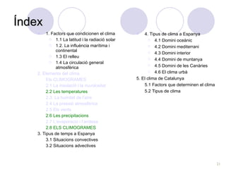 Índex 1. Factors que condicionen el clima 1.1 La latitud i la radiació solar 1.2. La influència marítima i continental 1.3 El relleu 1.4 La circulació general atmosfèrica 2. Elements del clima Els CLIMOGRAMES 2.1 La insolació i la nuvolositat 2.2 Les temperatures 2.3. La humitat de l’aire 2.4 La pressió atmosfèrica 2.5 Els vents 2.6 Les precipitacions 2.7 L’evaporació i l’aridesa 2.8 ELS CLIMOGRAMES 3. Tipus de temps a Espanya 3.1 Situacions convectives 3.2 Situacions advectives 4. Tipus de clima a Espanya 4.1 Domini oceànic 4.2 Domini mediterrani 4.3 Domini interior 4.4 Domini de muntanya 4.5 Domini de les Canàries 4.6 El clima urbà 5. El clima de Catalunya 5.1 Factors que determinen el clima  5.2 Tipus de clima  