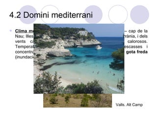 4.2 Domini mediterrani Clima mediterrani sec : litoral oriental (massís Garraf – cap de la Nau; Illes Balears). Influència de la massa d’aire mediterrània, i dels vents càlids del Nord d’Àfrica. Estius llargs i calorosos. Temperatures mitjanes als 17ºC. Precipitacions escasses i concentrades. Mitjana 400 mm. Possibles situacions de  gota freda  (inundacions)  Valls. Alt Camp 
