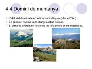 4.4 Domini de muntanya L’altitud determina les condicions climàtiques (efecte Föhn) En general: hiverns freds i llargs i estius frescos. El clima és diferent en funció de les influències en els massissos. 