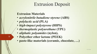 Extrusion Materials
• acrylonitrile butadiene styrene (ABS)
• polylactic acid (PLA)
• high-impact polystyrene (HIPS)
• thermoplastic polyurethane (TPU)
• aliphatic polyamides (nylon),
• Polyether ether ketone (PEEK)
• paste-like materials (ceramic, chocolate, …)
Extrusion Deposit
4/17/2018
9
 