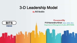 3-D Leadership Model
By Bill Reddin
PresentedBy
P B Narendra Kiran M.B.A., M.Phil., (Ph.D.)
DepartmentofManagementStudies,BITS VIZAG
BITS
VIZAG
 