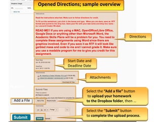 Submit
Submit
Add a File
Select the “Add a file” button
to upload your homework
to the Dropbox folder, then …
Select the “Submit” button
to complete the upload process.
Directions
Start Date and
Deadline Date
Attachments
Opened Directions; sample overview
 