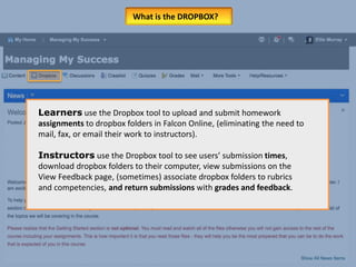 Learners use the Dropbox tool to upload and submit homework
assignments to dropbox folders in Falcon Online, (eliminating the need to
mail, fax, or email their work to instructors).
Instructors use the Dropbox tool to see users’ submission times,
download dropbox folders to their computer, view submissions on the
View Feedback page, (sometimes) associate dropbox folders to rubrics
and competencies, and return submissions with grades and feedback.
What is the DROPBOX?
 