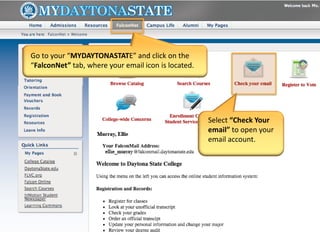 Go to your “MYDAYTONASTATE” and click on the
“FalconNet” tab, where your email icon is located.
Select “Check Your
email” to open your
email account.
 