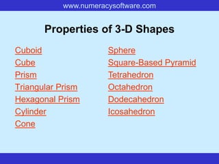 www.numeracysoftware.com


       Properties of 3-D Shapes
Cuboid                Sphere
Cube                  Square-Based Pyramid
Prism                 Tetrahedron
Triangular Prism      Octahedron
Hexagonal Prism       Dodecahedron
Cylinder              Icosahedron
Cone
 