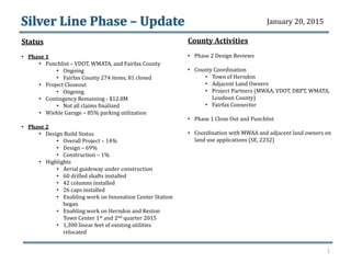 Status
• Phase 1
• Punchlist – VDOT, WMATA, and Fairfax County
• Ongoing
• Fairfax County 274 items, 81 closed
• Project Closeout
• Ongoing
• Contingency Remaining - $12.8M
• Not all claims finalized
• Wiehle Garage – 85% parking utilization
• Phase 2
• Design Build Status
• Overall Project – 14%
• Design – 69%
• Construction – 1%
• Highlights
• Aerial guideway under construction
• 60 drilled shafts installed
• 42 columns installed
• 26 caps installed
• Enabling work on Innovation Center Station
began
• Enabling work on Herndon and Reston
Town Center 1st and 2nd quarter 2015
• 1,300 linear feet of existing utilities
relocated
County Activities
• Phase 2 Design Reviews
• County Coordination
• Town of Herndon
• Adjacent Land Owners
• Project Partners (MWAA, VDOT, DRPT, WMATA,
Loudoun County)
• Fairfax Connector
• Phase 1 Close Out and Punchlist
• Coordination with MWAA and adjacent land owners on
land use applications (SE, 2232)
1
January 20, 2015
 