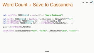 @chbatey
Word Count + Save to Cassandra
val textFile: RDD[String] = sc.textFile("Spark-Readme.md") 
 
val words: RDD[String] = textFile.flatMap(line => line.split("s+")) 
val wordAndCount: RDD[(String, Int)] = words.map((_, 1)) 
val wordCounts: RDD[(String, Int)] = wordAndCount.reduceByKey(_ + _) 
 
println(wordCounts.first()) 
 
wordCounts.saveToCassandra("test", "words", SomeColumns("word", "count"))
 