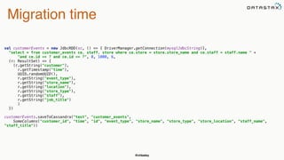 @chbatey
Migration time
 
val customerEvents = new JdbcRDD(sc, () => { DriverManager.getConnection(mysqlJdbcString)},  
"select * from customer_events ce, staff, store where ce.store = store.store_name and ce.staff = staff.name " + 
"and ce.id >= ? and ce.id <= ?", 0, 1000, 6, 
(r: ResultSet) => { 
(r.getString("customer"), 
r.getTimestamp("time"), 
UUID.randomUUID(), 
r.getString("event_type"), 
r.getString("store_name"), 
r.getString("location"), 
r.getString("store_type"), 
r.getString("staff"), 
r.getString("job_title") 
) 
}) 
 
customerEvents.saveToCassandra("test", "customer_events", 
SomeColumns("customer_id", "time", "id", "event_type", "store_name", "store_type", "store_location", "staff_name",
"staff_title"))
 